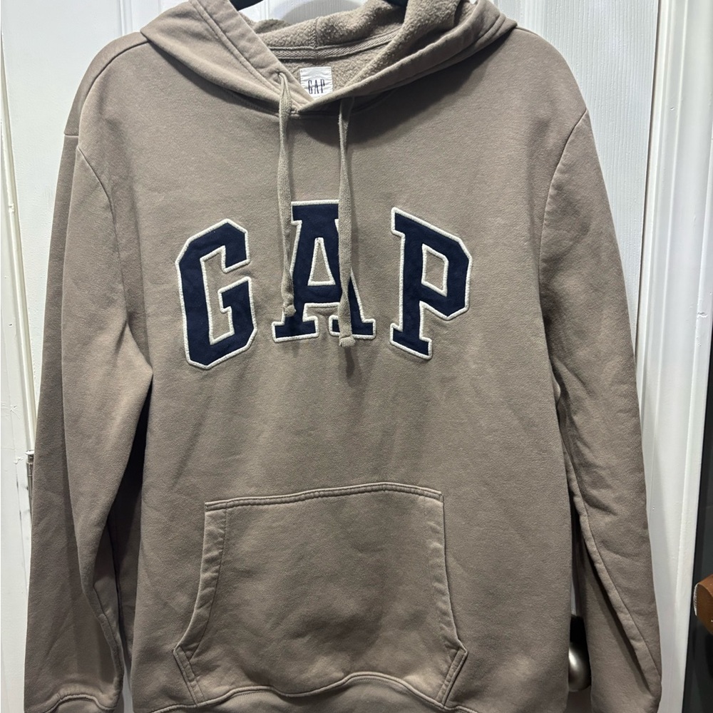 GAP Men's Beige Hoodie with Navy Logo